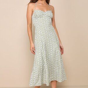 Lulus Green Gingham/Plaid Embroidered Halter Midi Dress